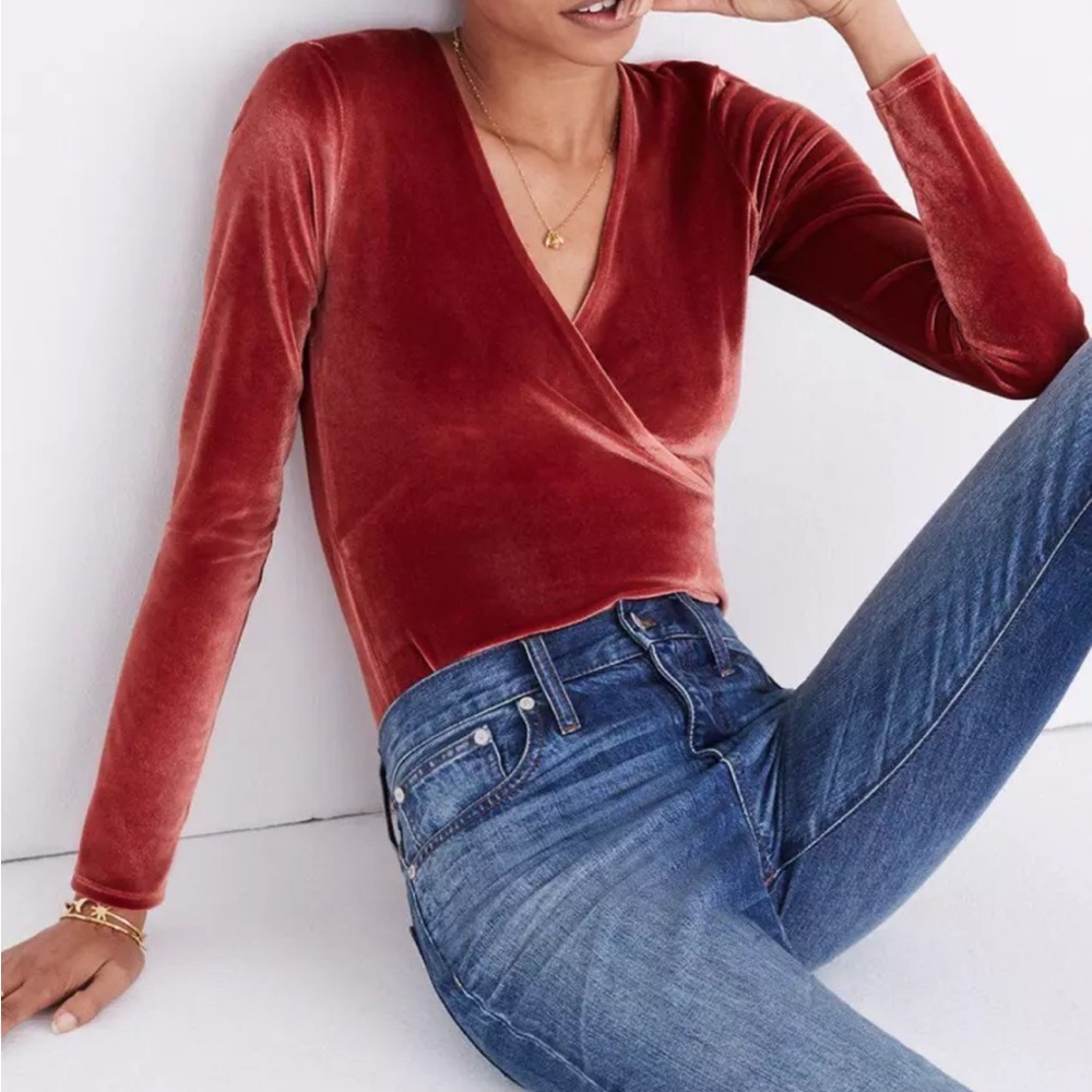 Madewell Rusty Orange Long Sleeve Velvet Wrap Bodysuit, Sz S - Picture 1 of 15